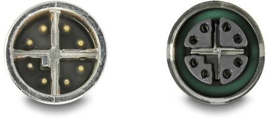 Zwei Rundstecker mit jeweils vier Pins und einer Kreuzführung in der Mitte, silbernes Metallgehäuse, Nahaufnahme von Anschlussseite.