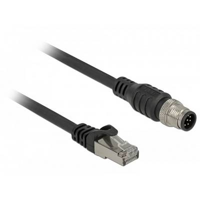 'Ein schwarzes Ethernet-Kabel mit einem RJ45-Stecker auf der einen Seite und einem runden Steckverbinder auf der anderen Seite.'