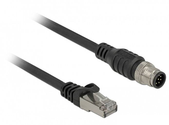 Ein Ethernet-Kabel mit einem RJ45-Stecker auf der einen Seite und einem 8-poligen Rundstecker auf der anderen Seite für die Netzwerktechnik.