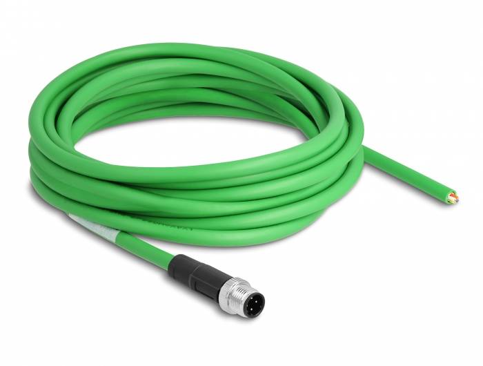 Grünes elektrisches Kabel mit einem runden Stecker an einem Ende und offenen Drähten am anderen Ende, auf weißem Hintergrund.