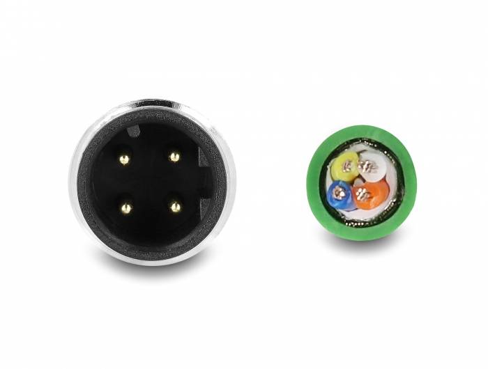 'XLR-Stecker und Querschnitt eines symmetrischen Kabels: zeigt 4-poligen Anschluss und bunte Kupferadern im Kabelinneren.'