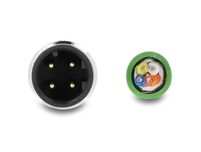 'Nahaufnahme eines elektrischen Steckers mit vier goldenen Pins und einem offenen Kabelende, das die farbigen Drähte zeigt.'