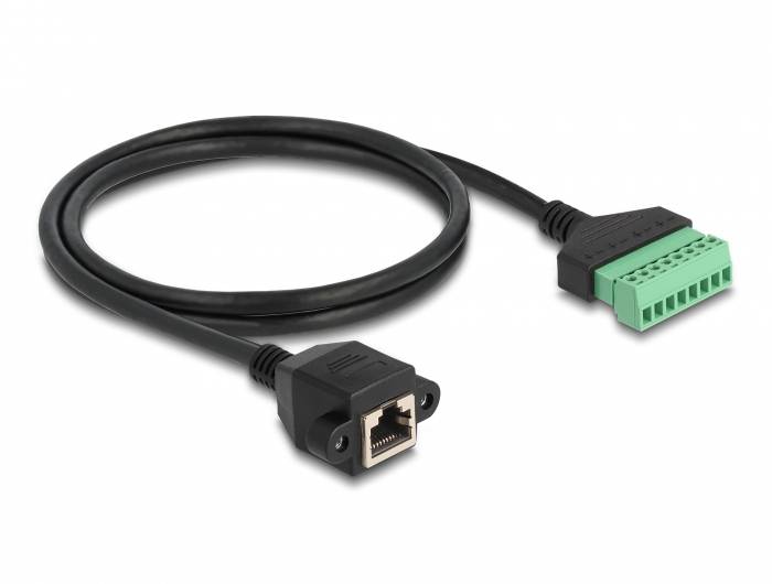 Ein schwarzes Ethernet-Kabel mit einem RJ45-Stecker auf der linken Seite und einem grünen Terminalblock-Stecker auf der rechten Seite.