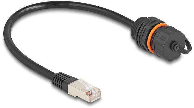 Ein Ethernet-Kabel mit einem RJ45-Stecker auf der linken Seite und einem wasserdichten, abgedichteten Anschluss auf der rechten Seite.