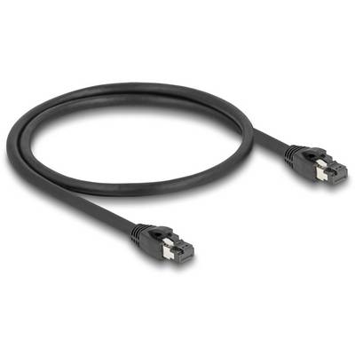 Ein schwarzes Netzwerkkabel mit zwei RJ45-Steckern an den Enden, geeignet für Ethernet-Verbindungen.