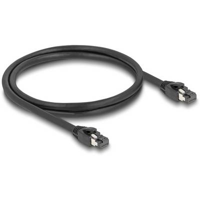 Schwarzes, rundes Ethernet-Kabel mit zwei RJ45-Steckern an beiden Enden; geeignet für Netzwerkverbindungen.