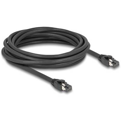 Schwarzes Ethernet-Kabel mit RJ45-Steckern an beiden Enden, geeignet für Netzwerkverbindungen.