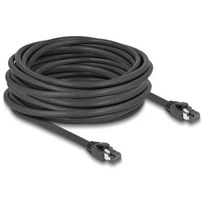Ein schwarzes, langes Ethernet-Kabel mit RJ45-Steckern an beiden Enden, aufgerollt präsentiert, geeignet für Netzwerkverbindungen.