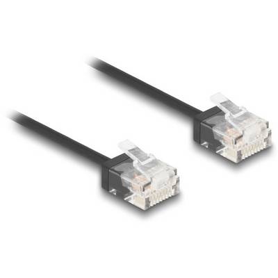 'Zwei schwarze Ethernet-Kabel, beide mit durchsichtigen RJ45-Steckern, die Netzwerkverbindungen unterstützen.'