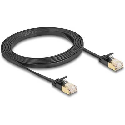 Schwarzes Ethernet-Flachkabel mit goldfarbenen RJ45-Steckern, ideal für Netzwerkverbindungen in engen Räumen.