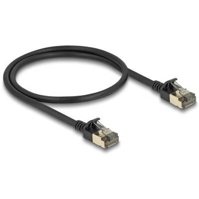 Ein schwarzes Ethernet-Kabel mit zwei vergoldeten RJ-45-Steckern, geeignet für Netzwerkverbindungen.