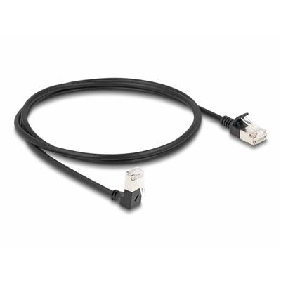 Ein schwarzes Ethernet-Kabel mit zwei RJ45-Steckern, das eine rechteckige Form bildet; geeignet für Netzwerkverbindungen.