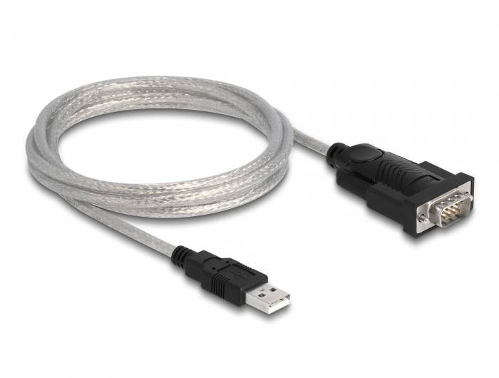Ein USB-zu-VGA-Adapterkabel, grau, mit einem USB-Stecker auf der einen Seite und einem VGA-Stecker auf der anderen Seite, zur Verbindung von Computern mit Monitoren.