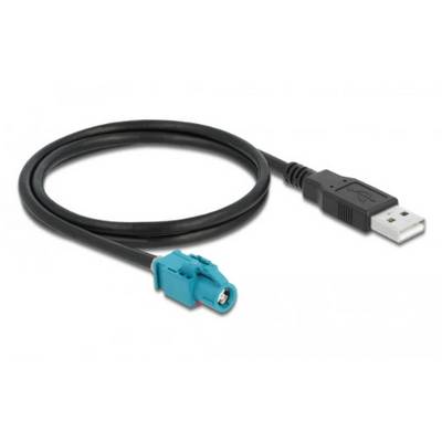 Ein schwarzes USB-Kabel mit einem USB-A-Stecker auf der einen Seite und einem speziellen blauen Stecker auf der anderen.