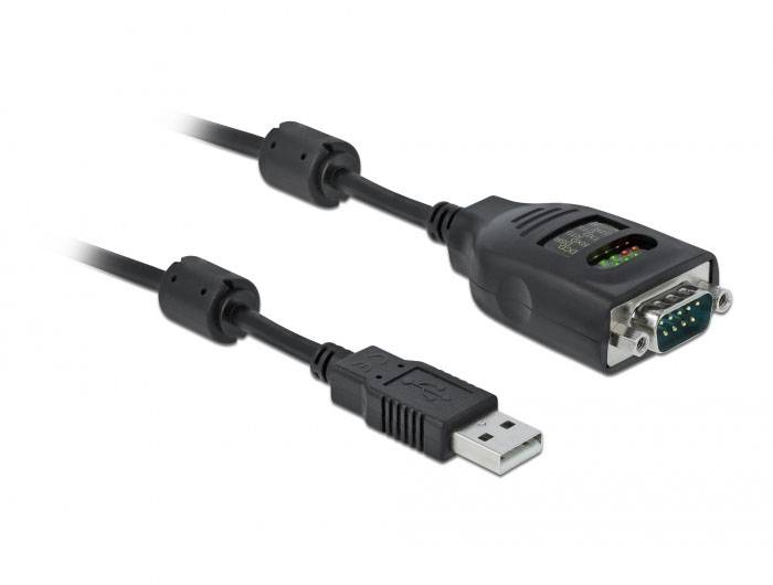 USB-zu-Seriell-Adapterkabel mit USB-A-Stecker auf der einen Seite und einem DB9-Stecker auf der anderen, zur Verbindung älterer Geräte mit PCs.