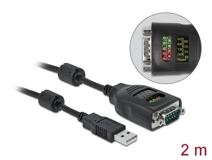 USB-zu-Seriell-Adapterkabel, 2 m. Zeigt USB-A-Stecker und DB9-Stecker mit LED-Anzeigen für Datenübertragung. Ideal für Geräteverbindung.