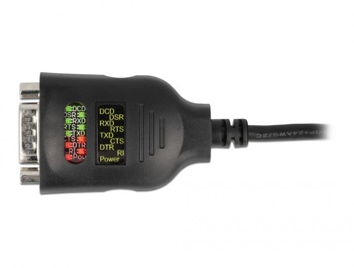 Ein schwarzes serielles Kabel mit einem DB9-Stecker. Farbcodierte LEDs zeigen den Status von Signalen wie DCD, DSR und RTS.
