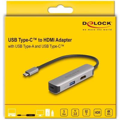 USB Type-C zu HDMI Adapter von Delock in gelber Verpackung, zeigt den Adapter mit Anschlüssen für USB Type-A und USB Type-C.