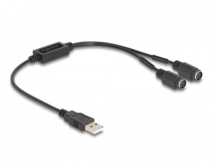 Adapterkabel mit USB-Stecker und zwei weiblichen 5-poligen MIDI-Anschlüssen, geeignet zur Verbindung von Musikinstrumenten mit einem Computer.
