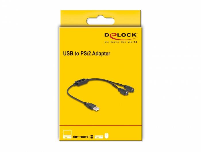 'USB auf PS/2 Adapter' in einer gelben Verpackung von Delock. Adapter verbindet USB-Anschluss mit PS/2 für Tastatur und Maus.