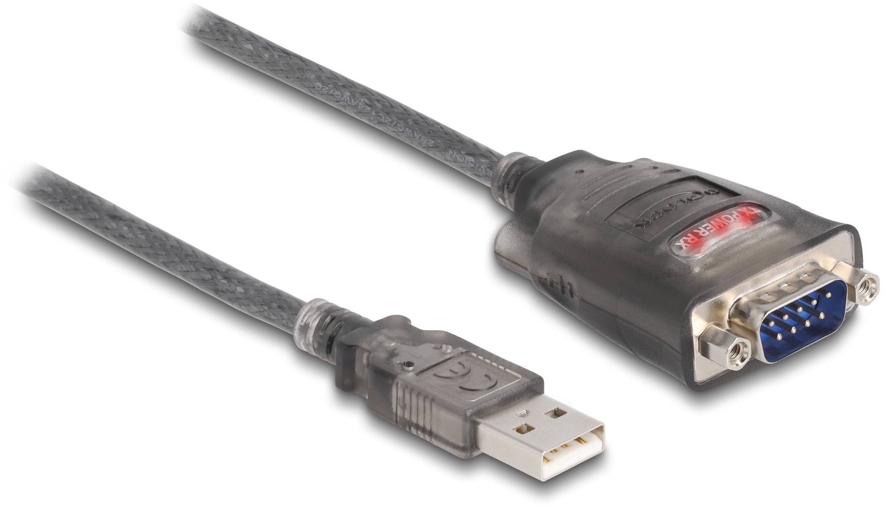Ein USB-zu-Seriell-Adapterkabel mit einem USB-Stecker auf der linken Seite und einem seriellen 9-Pin-Stecker auf der rechten Seite.