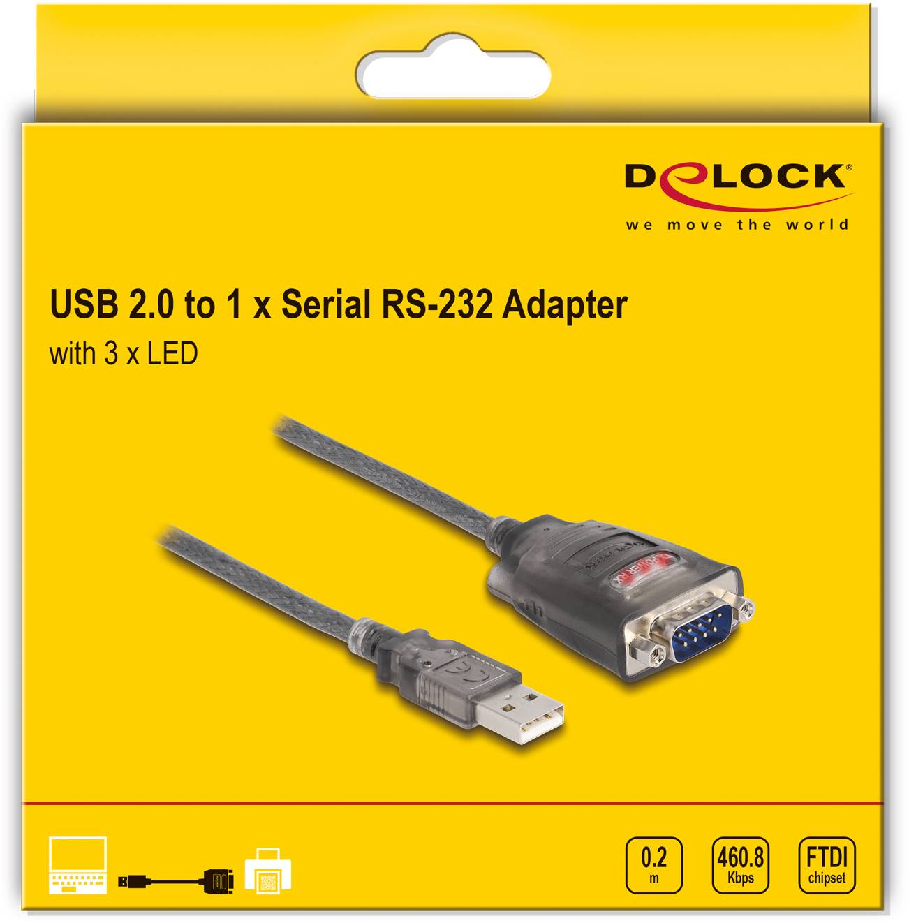 Gelbe Verpackung mit der Aufschrift 'USB 2.0 to 1 x Serial RS-232 Adapter'. Zeigt ein USB-auf-Seriell-Kabel mit drei LEDs.