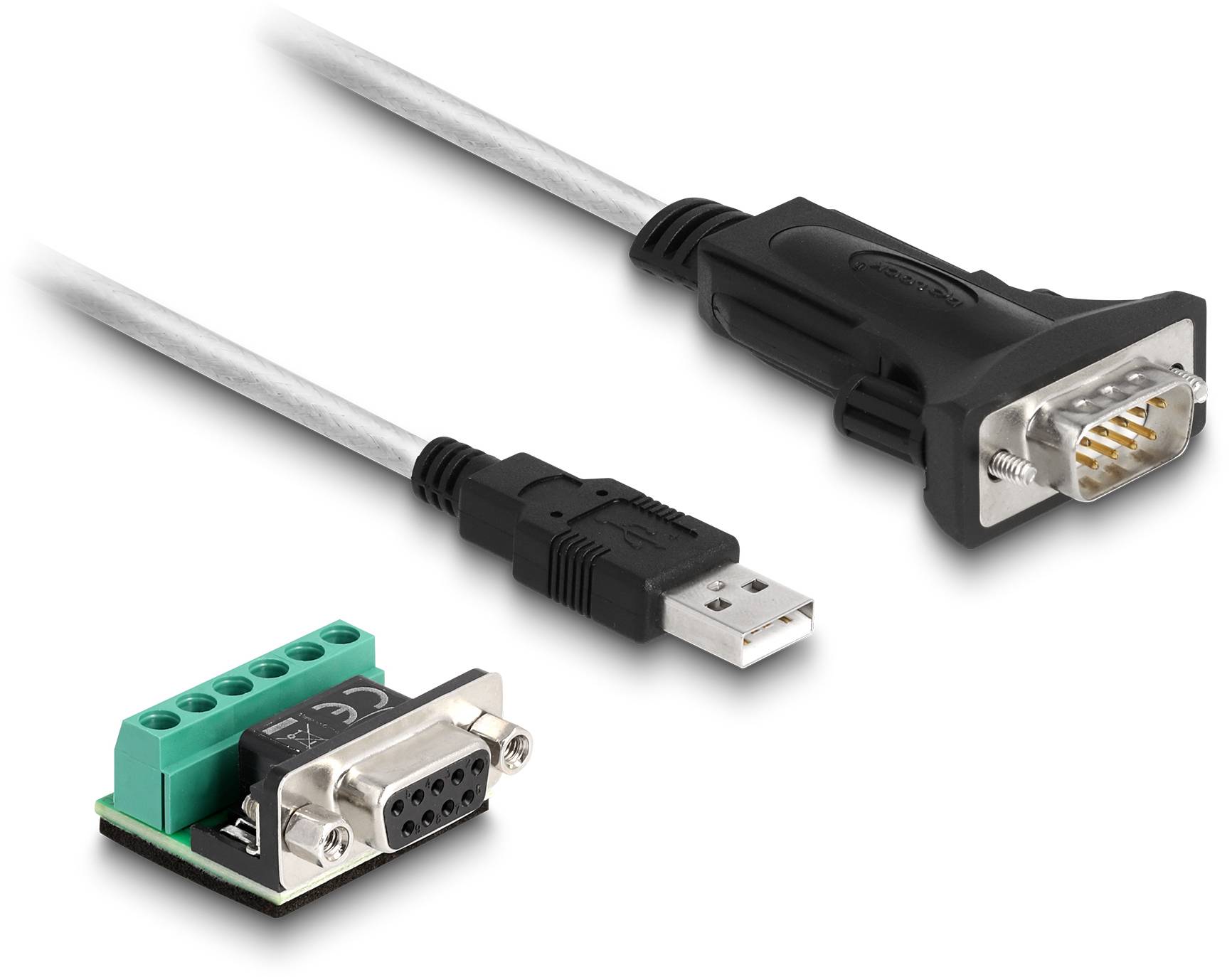 USB-zu-RS232-Adapter mit Verbindungskabel und RS232-Stecker. Ideal für serielle Kommunikation zwischen Geräten.