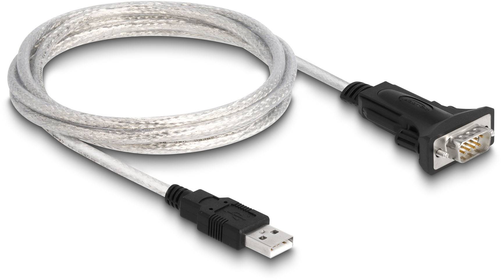 Ein USB-zu-Seriell-Konverterkabel, schwarz, zum Anschließen von Geräten mit serieller Schnittstelle an USB-Ports in Computern.