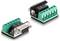 Zwei grüne Steckverbinderadapter, einer mit einer DB9-Buchse, zeigen Anschlüsse und Schraubklemmen für elektrische Verbindungen.