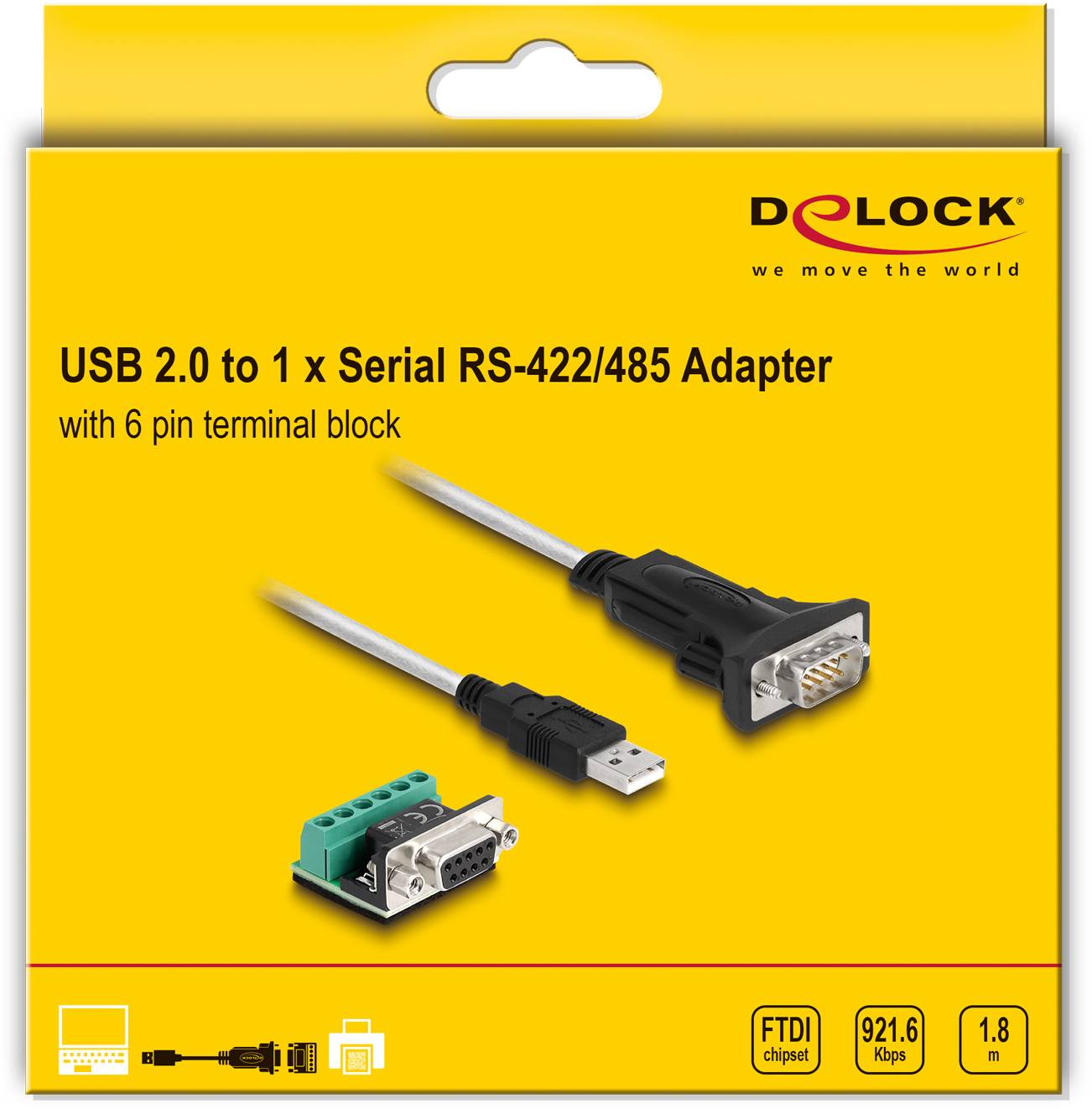 'DELOCK USB 2.0 auf 1 x Seriell RS-422/485 Adapter' Verpackung. Zeigt Adapterkabel mit USB- und RS Anschluss sowie Klemmenblock.