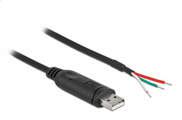 USB-Kabel mit offener Drahtseite, zeigt rote, grüne, weiße und schwarze Drähte. Geeignet für Elektronikprojekte oder Reparaturen.