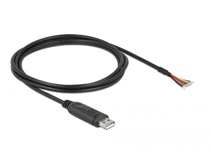 Schwarzes USB-Kabel mit offenliegenden farbigen Drähten am Ende, geeignet für elektronische Verbindungen oder Reparaturen.
