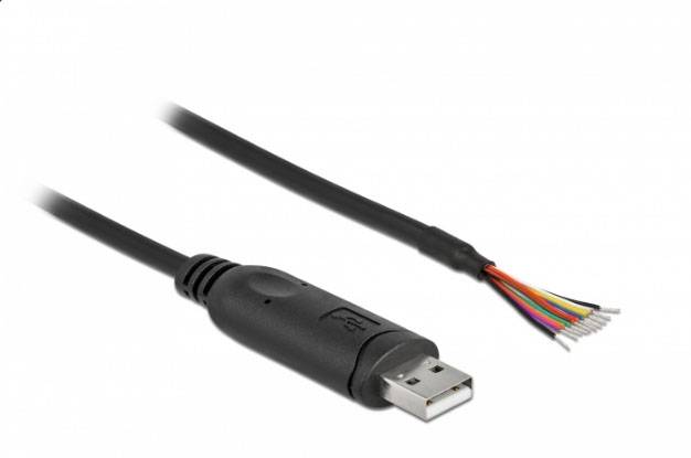 USB-Kabel mit offenliegenden, farbcodierten Drähten am Ende; zeigt Kabelstruktur für technische Zwecke.