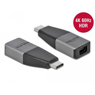 'DeLOCK Adapter' verbindet USB-C zu HDMI, unterstützt 4K 60Hz HDR. Zwei Ansichten: Oberseite und Seite. Schwarze und graue Teile.