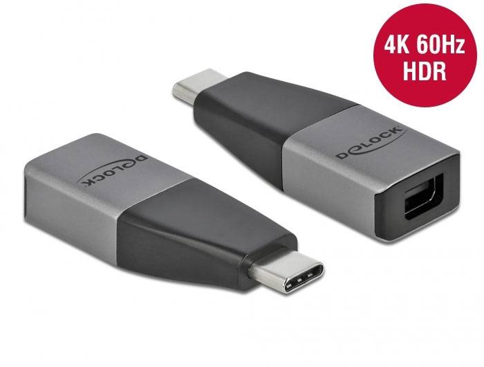 'Delock USB-C zu HDMI Adapter, unterstützt 4K 60Hz HDR, schwarz-grau. Seitliche und frontale Ansicht des Adapters.'