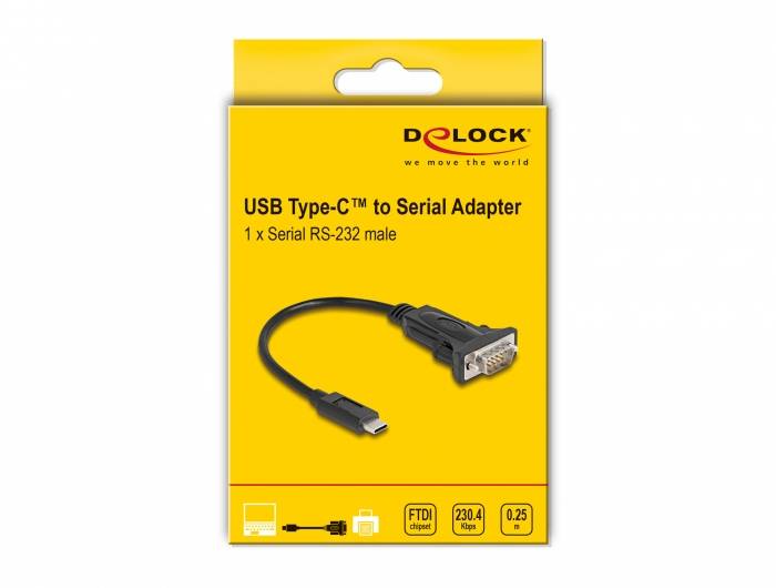 USB Type-C auf Seriell Adapter auf gelber Verpackung abgebildet, zur Umwandlung von USB-C-Signalen in RS-232, mit technischen Details.