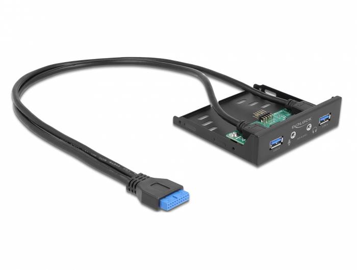 Externe USB-3.0-Frontblende mit zwei Anschlüssen und einem Kabel zum Anschluss an das Mainboard, geeignet für Computergehäuse.
