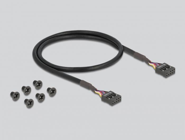 Schwarzes Kabel mit Steckern an beiden Enden, daneben acht kleine, schwarze Schrauben auf grauem Hintergrund.