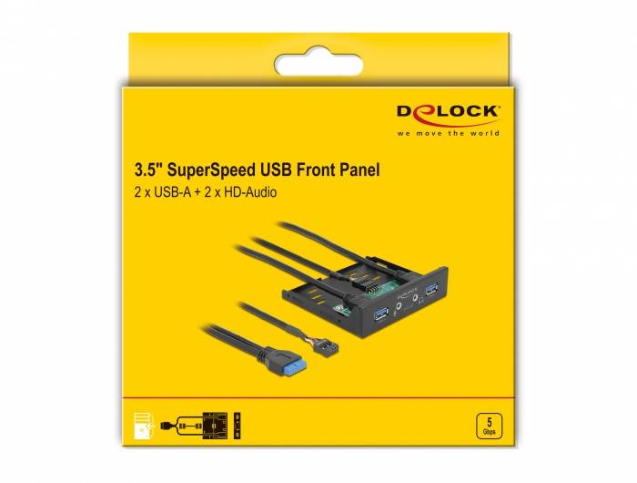 Gelbes Verpackungsdesign für ein 3,5" SuperSpeed USB-Frontpanel von Delock mit 2 USB-A- und 2 HD-Audioanschlüssen.