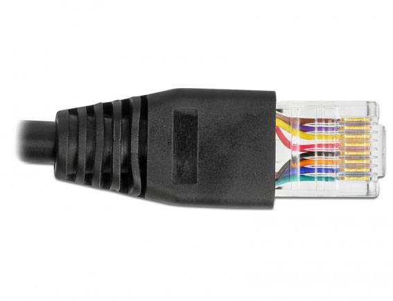 Ein schwarzer Ethernet-Stecker mit sichtbaren, farbigen Adern.