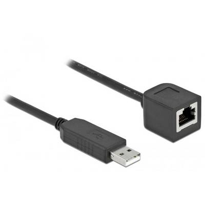 Ein USB-Kabeladapter mit einem USB-Stecker auf der linken Seite und einem RJ45-Buchse auf der rechten Seite.