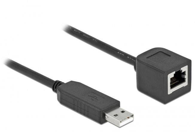 Ein USB-zu-Ethernet-Adapterkabel mit einem USB-Stecker links und einem Ethernet-Port rechts. Geeignet für Netzwerkverbindungen.