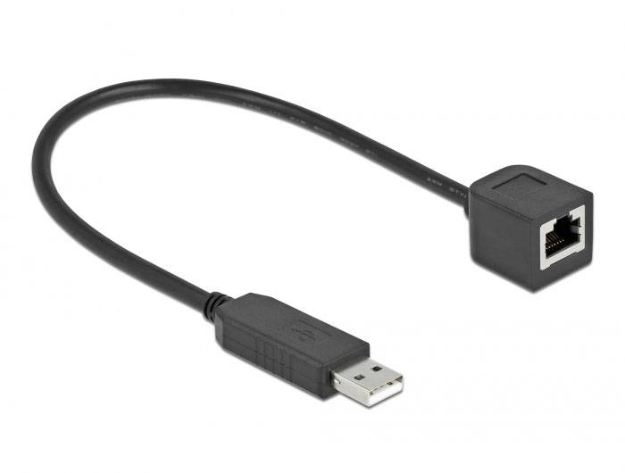 'Ein schwarzes USB-auf-Ethernet-Kabeladapter; USB-Stecker auf einen RJ-45-Port.'