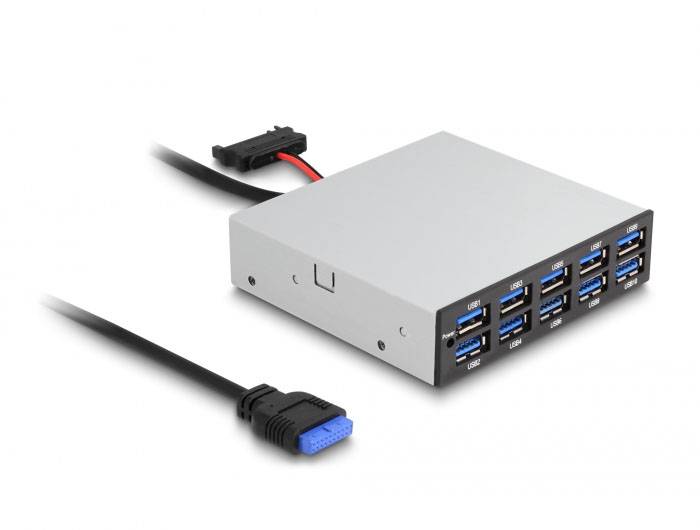 Ein silbernes USB-Hub mit zwölf USB-Anschlüssen für den Einbau in einen PC. Ein Kabel mit blauem Anschluss ist abgebildet.