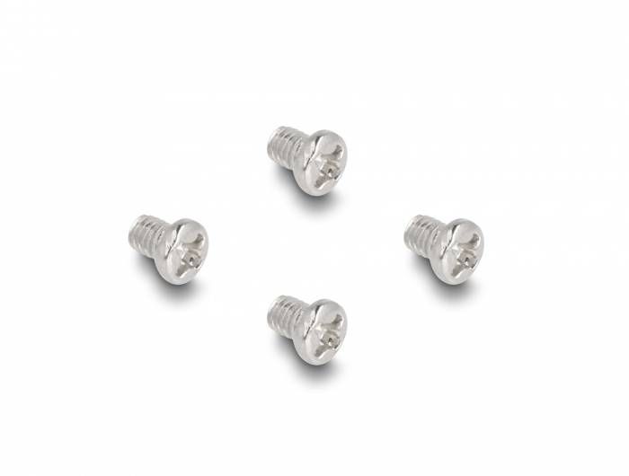 Vier silberne Schrauben, gleichmäßig verteilt, auf weißem Hintergrund.
