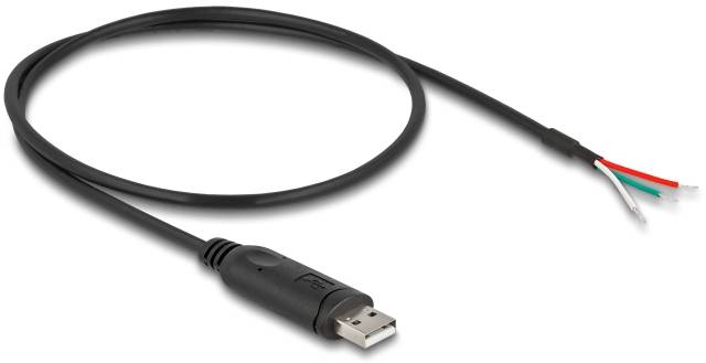 USB-Kabel mit abisolierten Enden. Links ist ein USB-Stecker, rechts sind vier offene Kabelenden in Rot, Schwarz, Grün und Weiß.