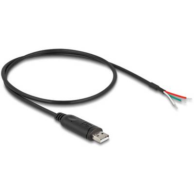 USB-Kabel mit abisolierten Enden. Links ist ein USB-Stecker, rechts sind vier offene Kabelenden in Rot, Schwarz, Grün und Weiß.