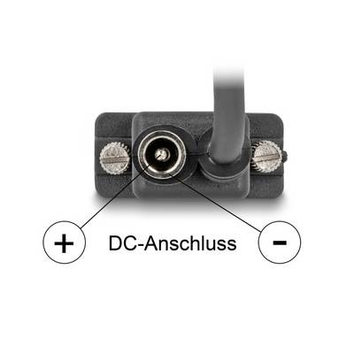 'DC-Anschluss' mit '+' und '-' markiert; zeigt Polarität des Steckers für richtige Geräteverbindung.