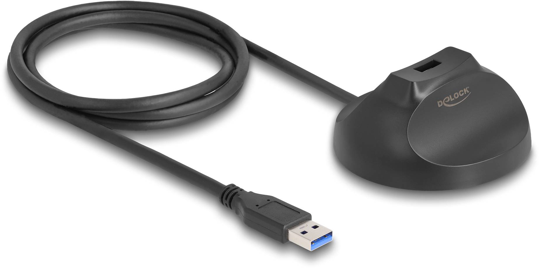 Schwarzes USB-Kabel mit einem Lesegerät auf der einen Seite und einem USB-Stecker auf der anderen.