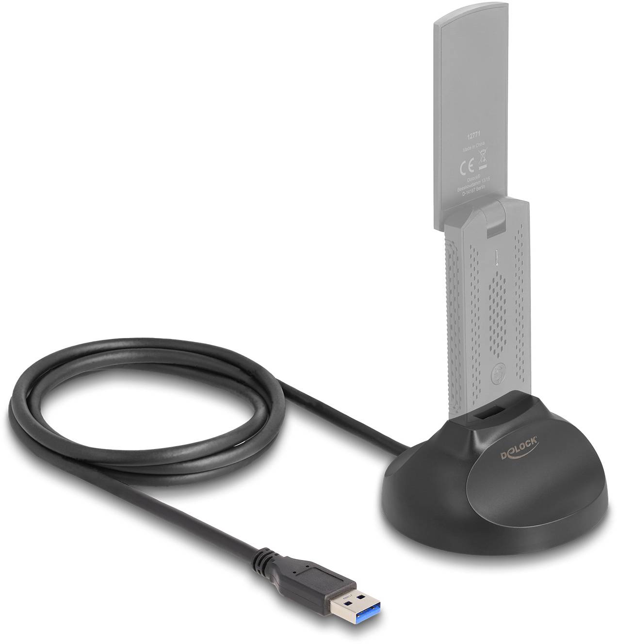 Ein schwarzer USB-3.0-Adapter mit Kabel und Standfuß, vorgesehen zur Verbindung und Stützung eines Geräts. Markenname 'P-Locar' sichtbar.